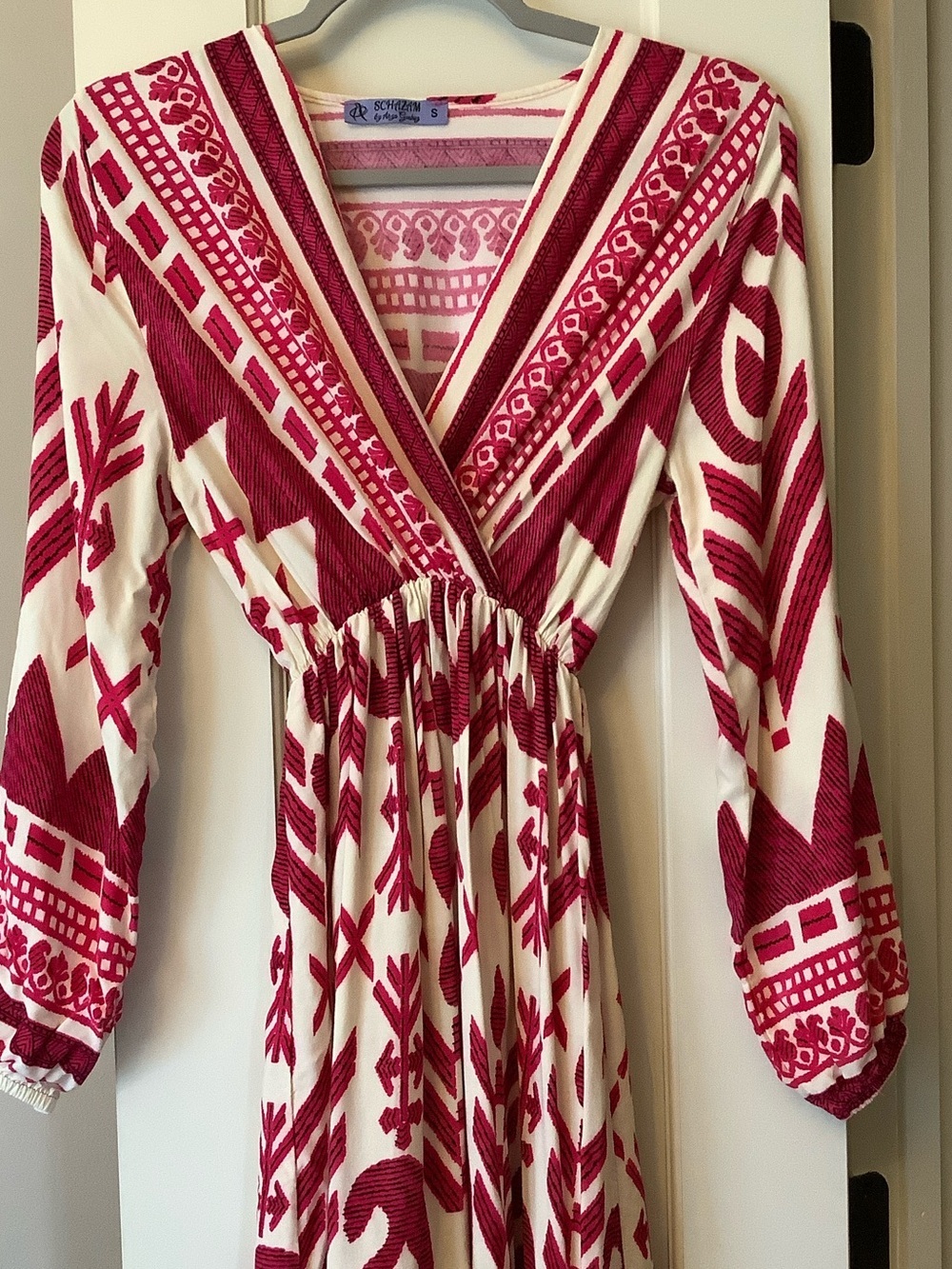 Bohemian Maxi Dress with Pink Geometric Embroidery - Picture 2 of 6
